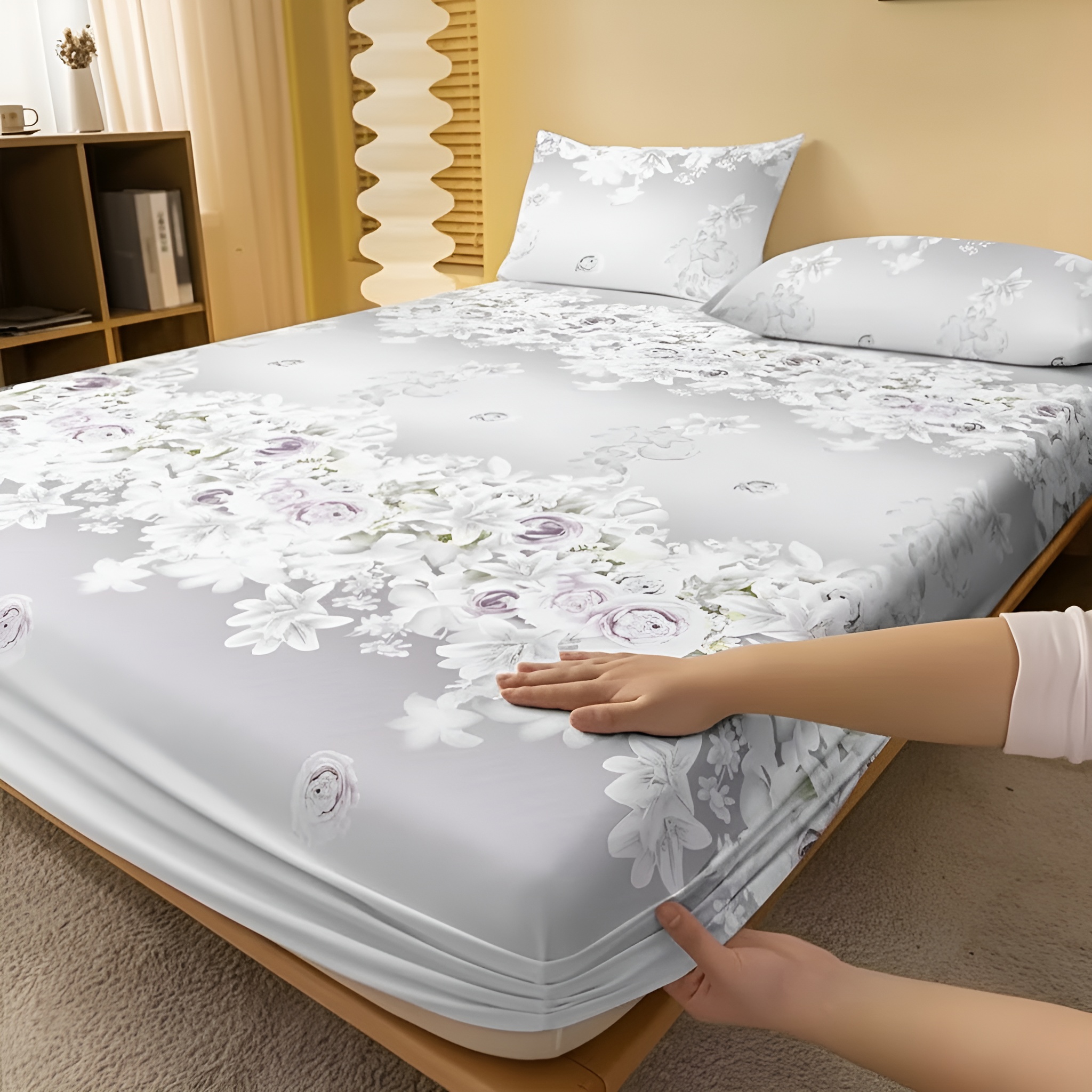 Floral Lily Print Fitted Sheet Quilted Bedding Cover