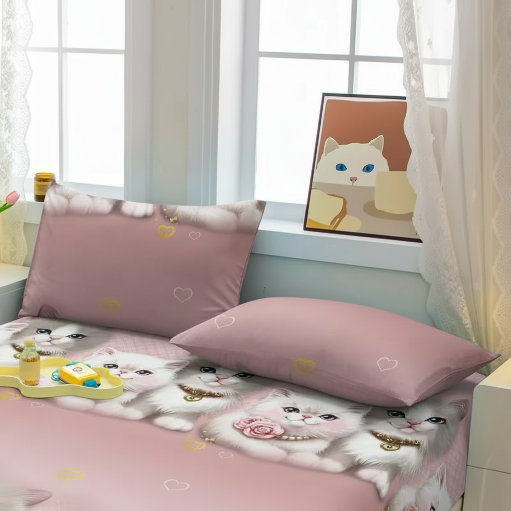 Quilted Cat Print Pillowcase Soft Polyester Bedding With Closure