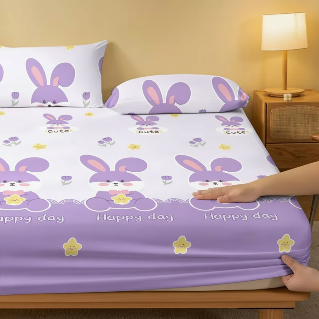 Cartoon Bunny Printed Flannel Fitted Bed Sheet