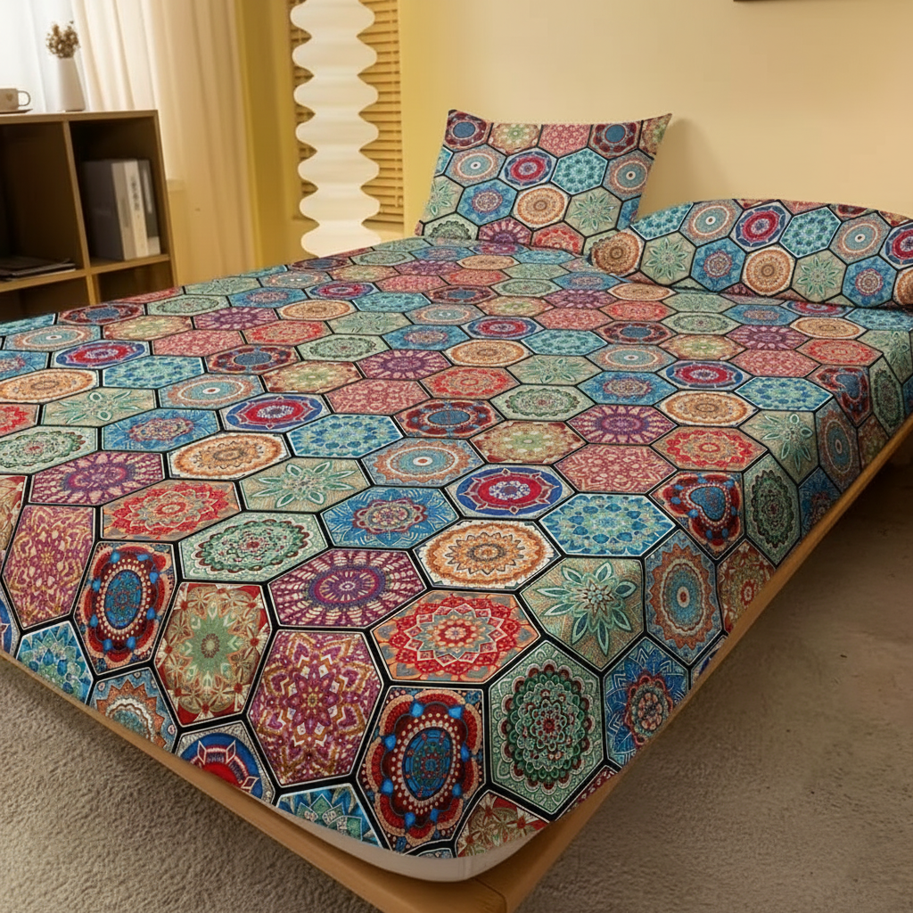 Geometric Design Print Fitted Sheet Quilted Polyester Bedding Cover