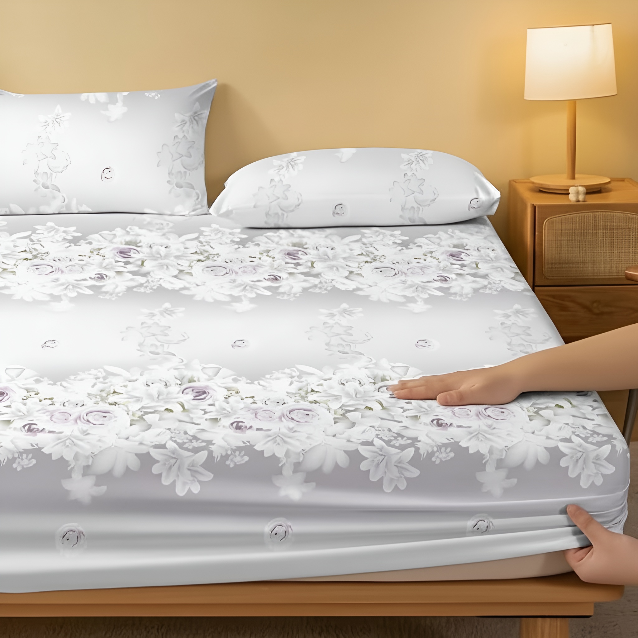 Floral Lily Print Fitted Sheet Quilted Bedding Cover