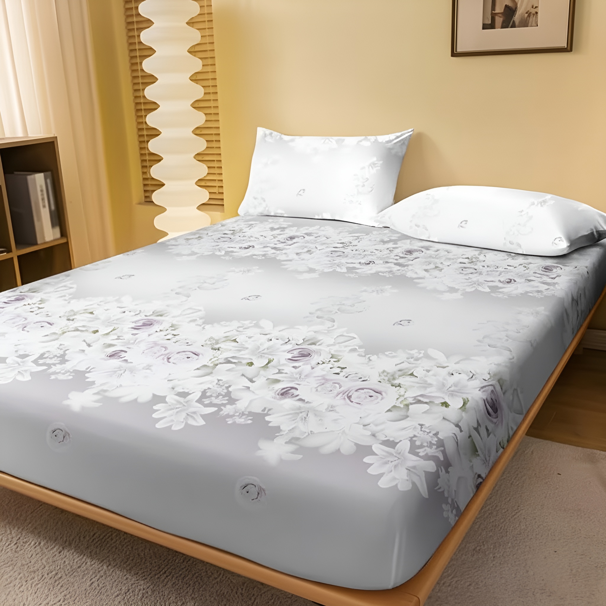 Floral Lily Print Fitted Sheet Quilted Bedding Cover