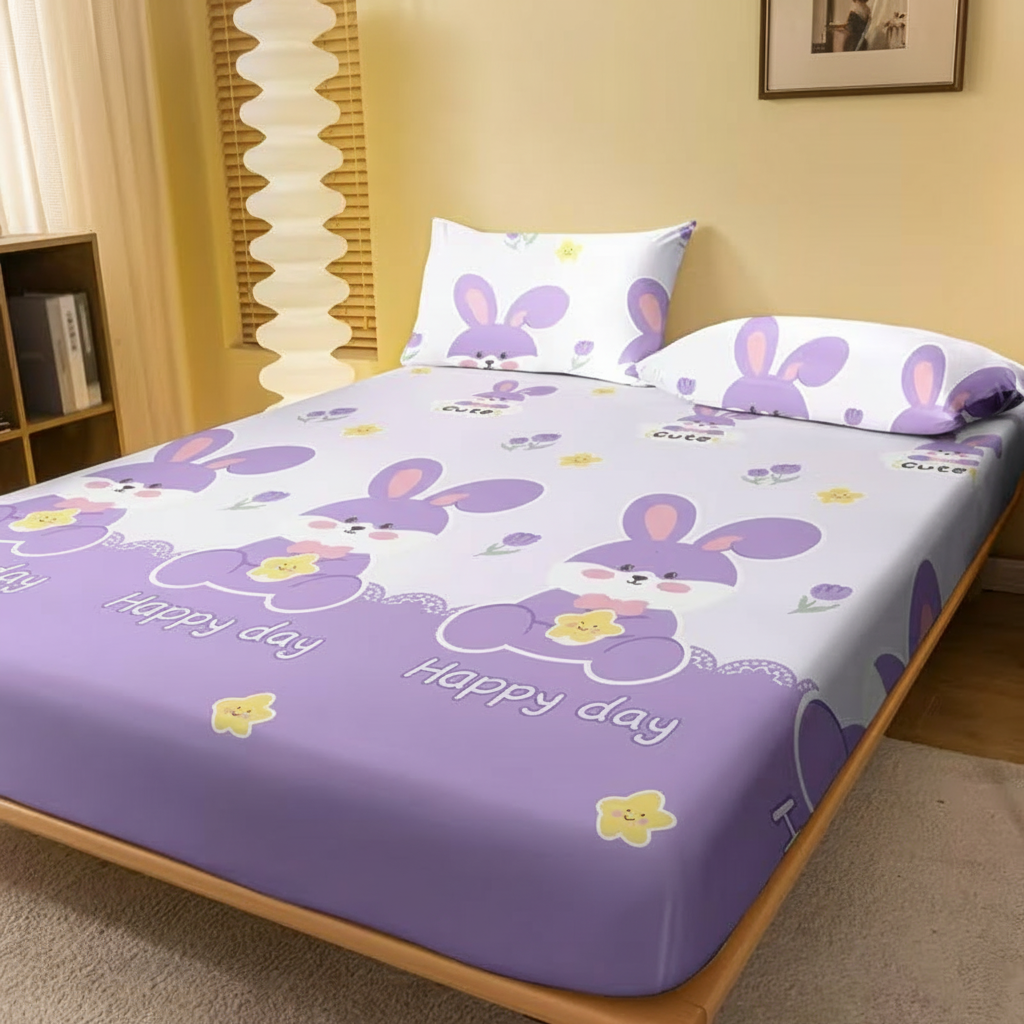 Cartoon Bunny Printed Flannel Fitted Bed Sheet