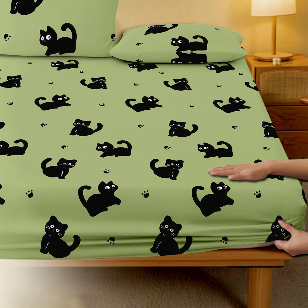 Cartoon Cat Design Print Quilted Fitted Bed Sheet