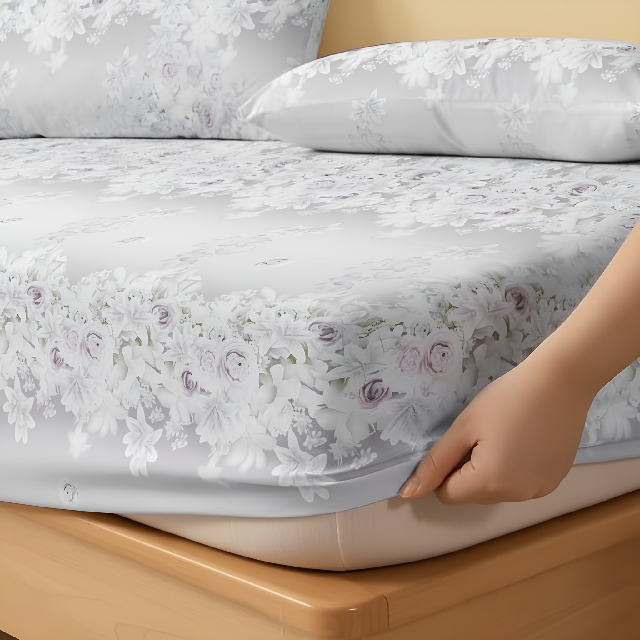 Floral Lily Print Fitted Sheet Quilted Bedding Cover