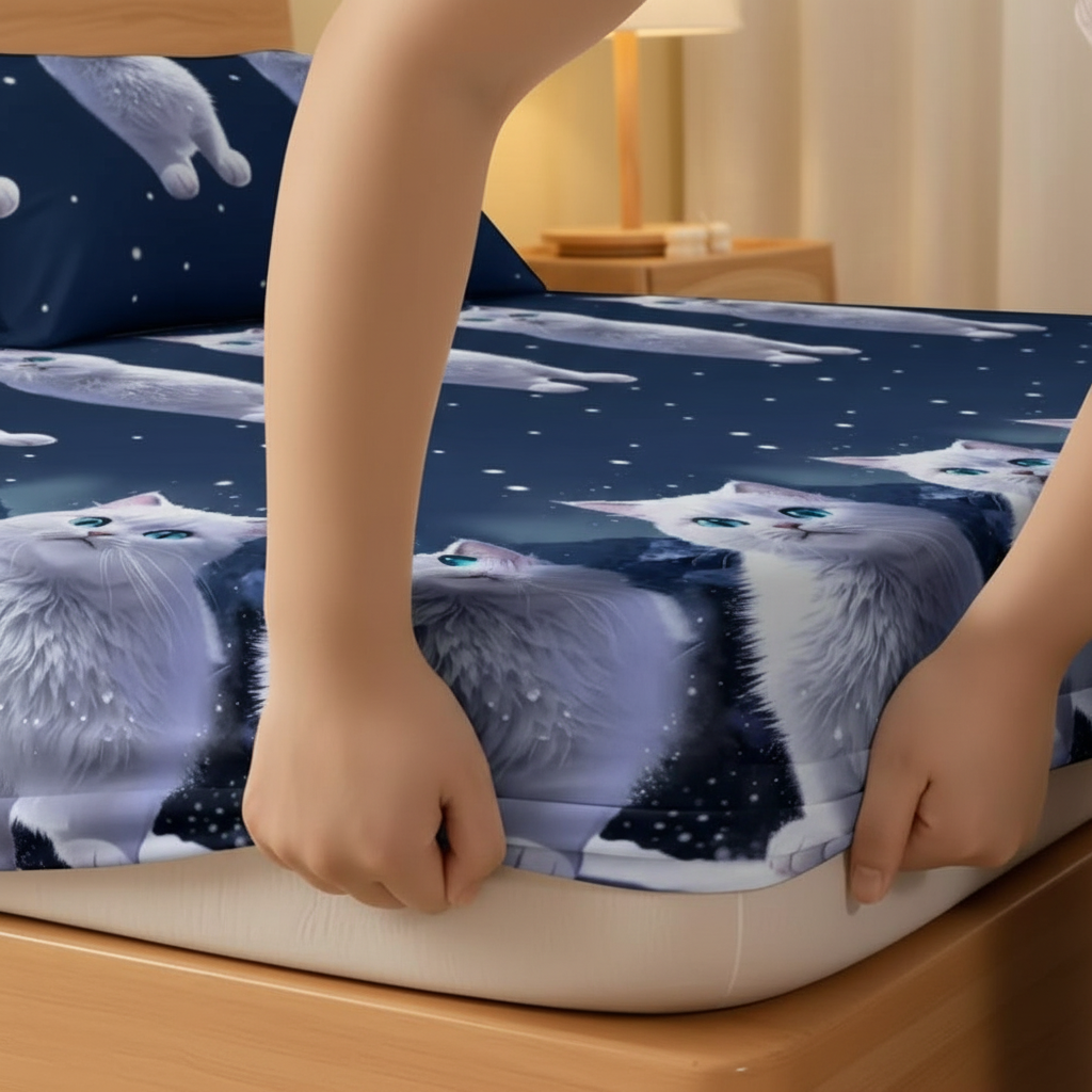 Cartoon Cat Bedding Fitted Sheet With Stretchable Edges