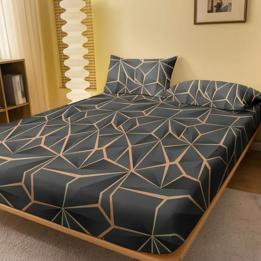 Modern Geometric Printed Fitted Bedsheet With Gold Line Design