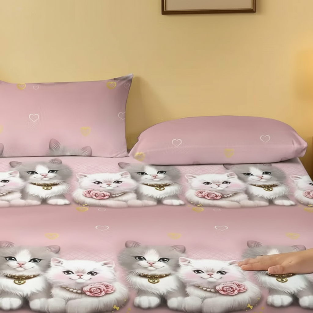 Quilted Cat Print Pillowcase Soft Polyester Bedding With Closure