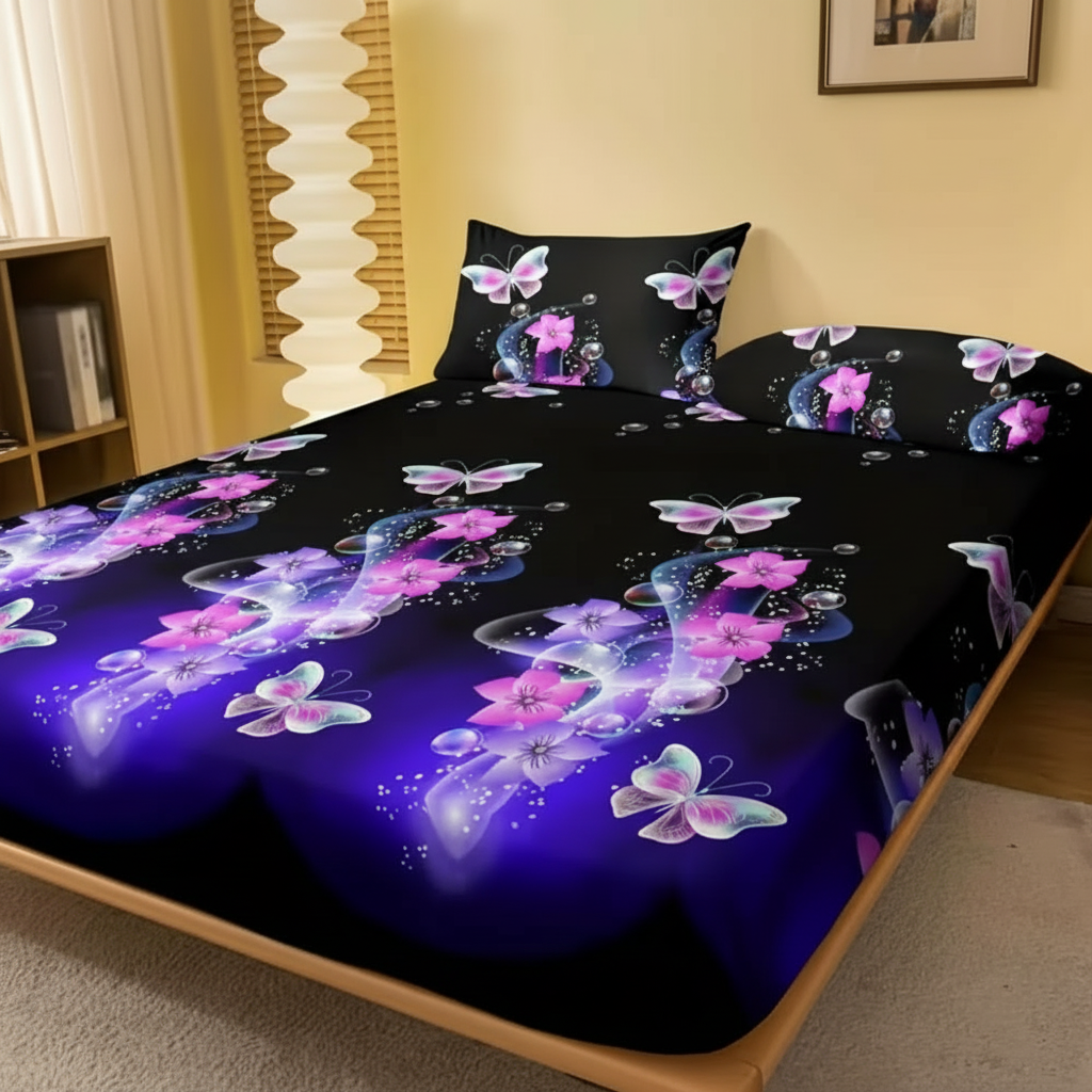 Butterfly Flower Pattern Fitted Sheet Soft Brushed Bed Cover