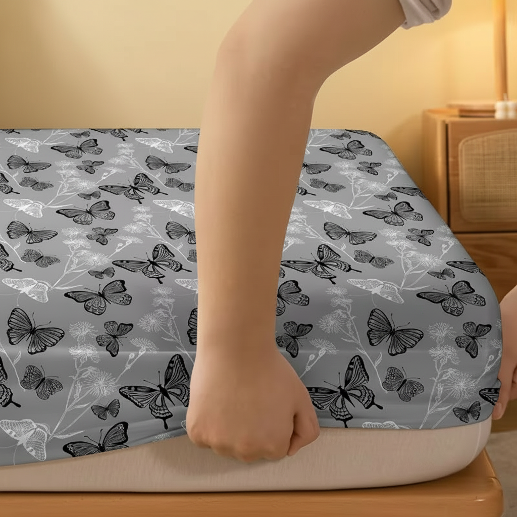 Butterfly Print Fitted Sheet Quilted Polyester Bedding Cover