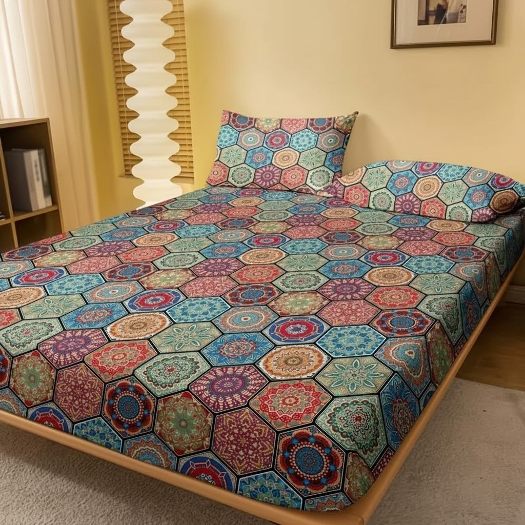 Geometric Design Print Fitted Sheet Quilted Polyester Bedding Cover