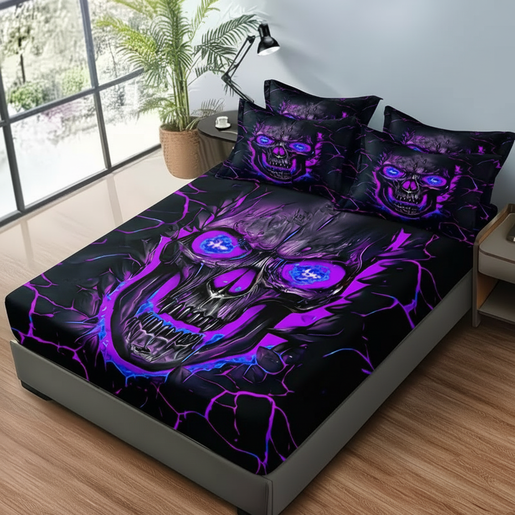 3 Piece Printed Bedsheet Set With Elastic Fit And Matching Pillow Covers