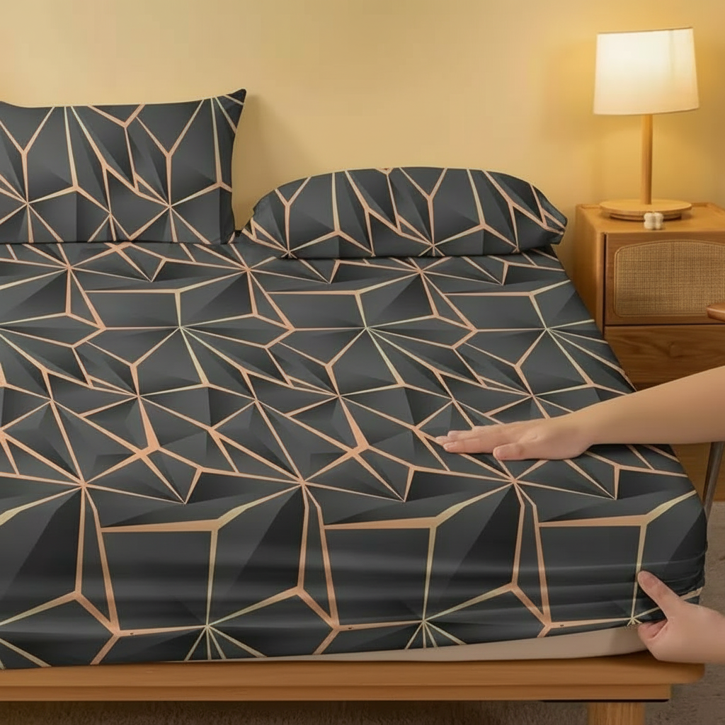 Modern Geometric Printed Fitted Bedsheet With Gold Line Design