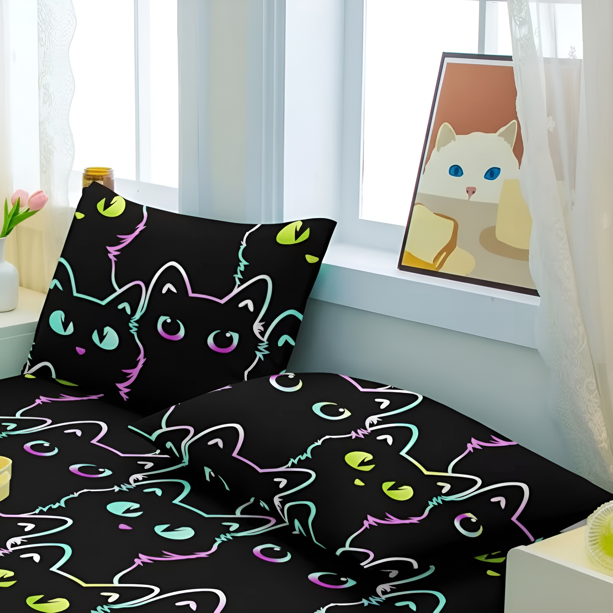 Cat Pattern Pillowcase Soft Quilted Bedding Cover