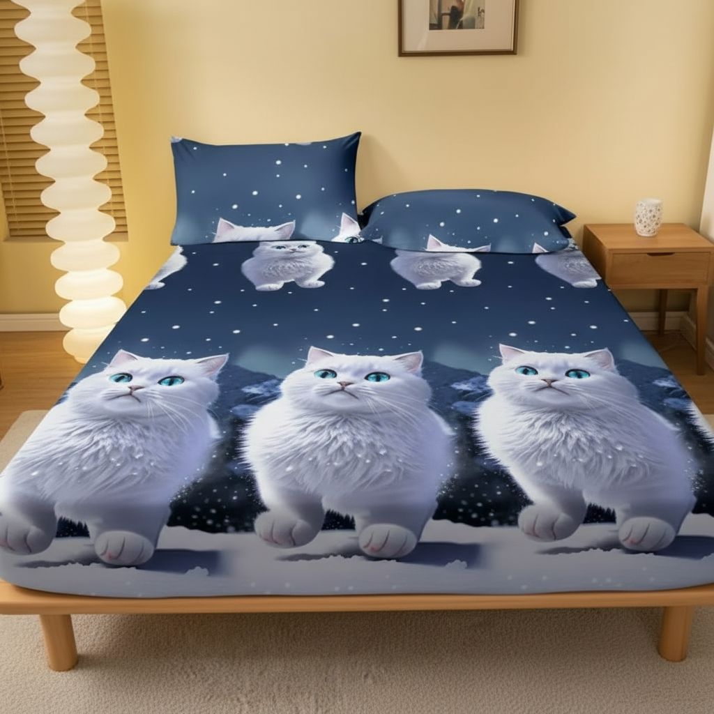 Cartoon Cat Bedding Fitted Sheet With Stretchable Edges