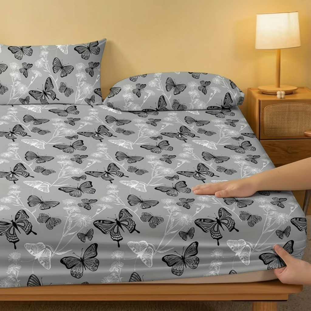 Butterfly Print Fitted Sheet Quilted Polyester Bedding Cover