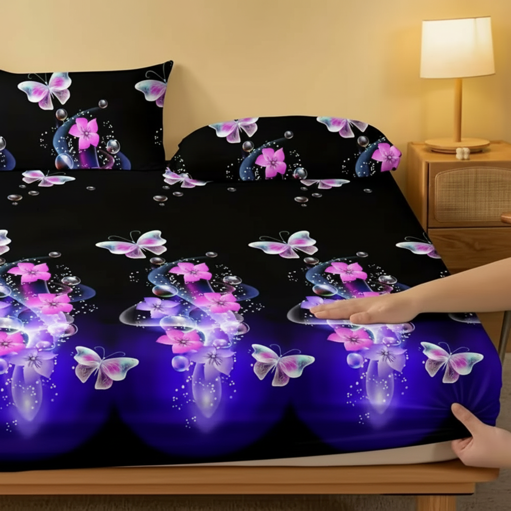 Butterfly Flower Pattern Fitted Sheet Soft Brushed Bed Cover