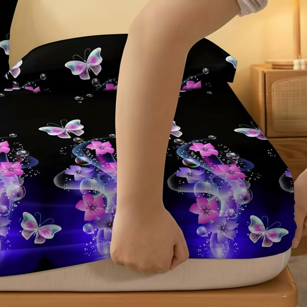 Butterfly Flower Pattern Fitted Sheet Soft Brushed Bed Cover