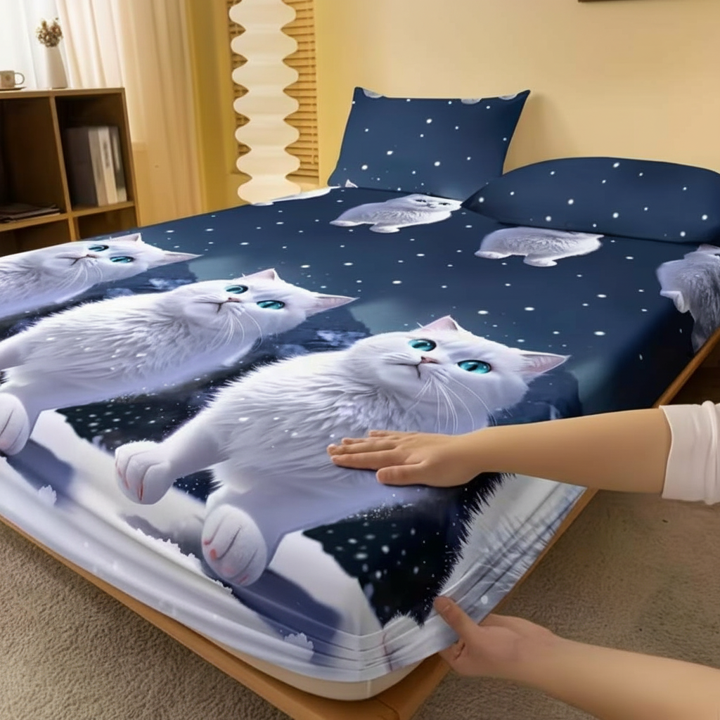 Cartoon Cat Bedding Fitted Sheet With Stretchable Edges