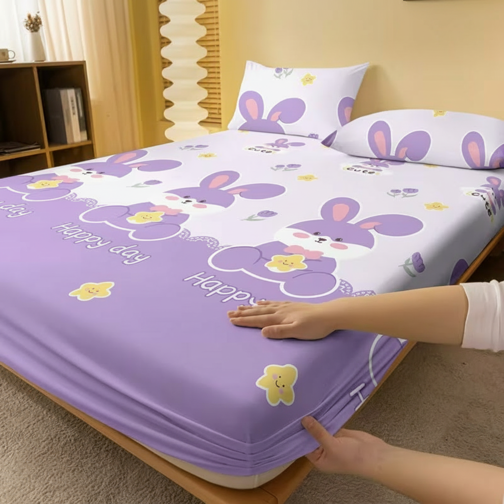 Cartoon Bunny Printed Flannel Fitted Bed Sheet
