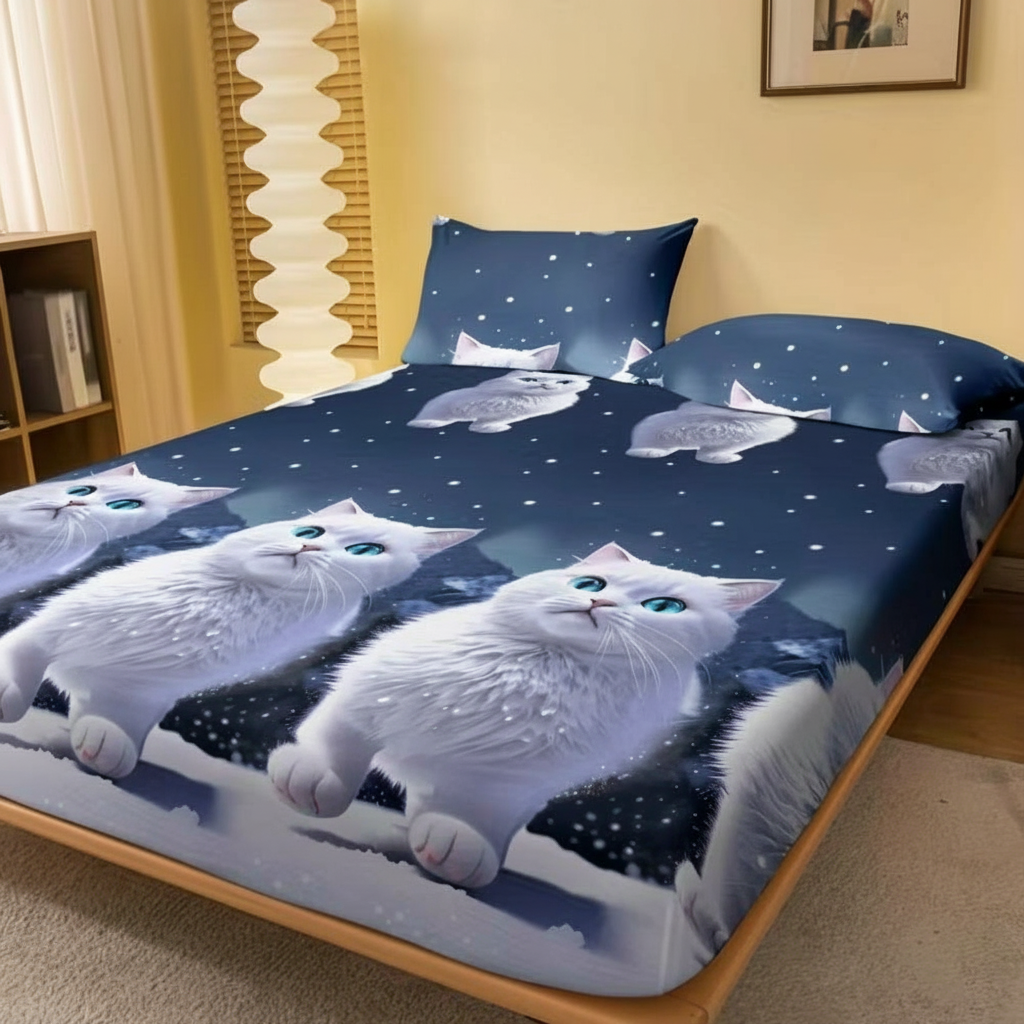 Cartoon Cat Bedding Fitted Sheet With Stretchable Edges