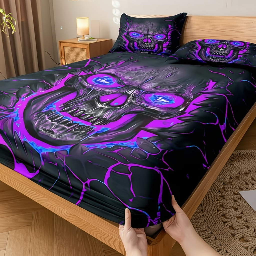 3 Piece Printed Bedsheet Set With Elastic Fit And Matching Pillow Covers