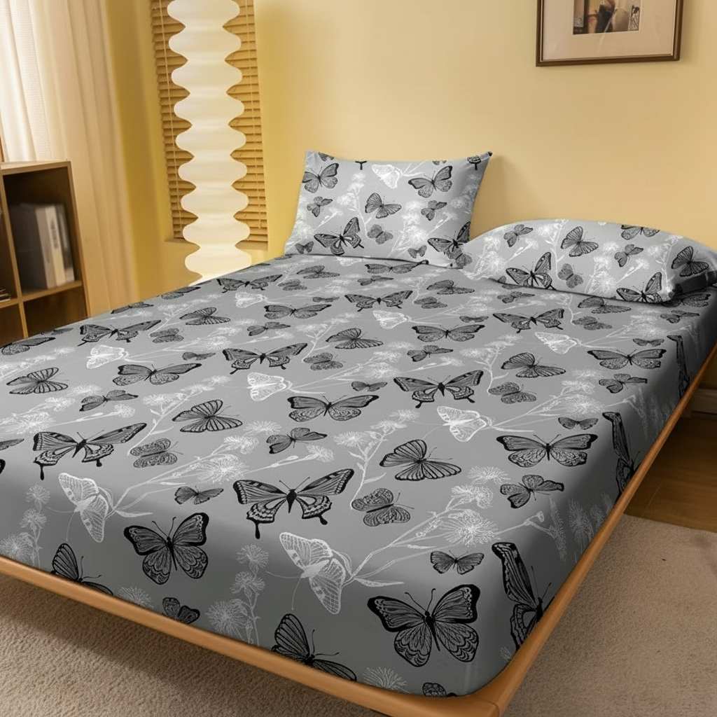 Butterfly Print Fitted Sheet Quilted Polyester Bedding Cover