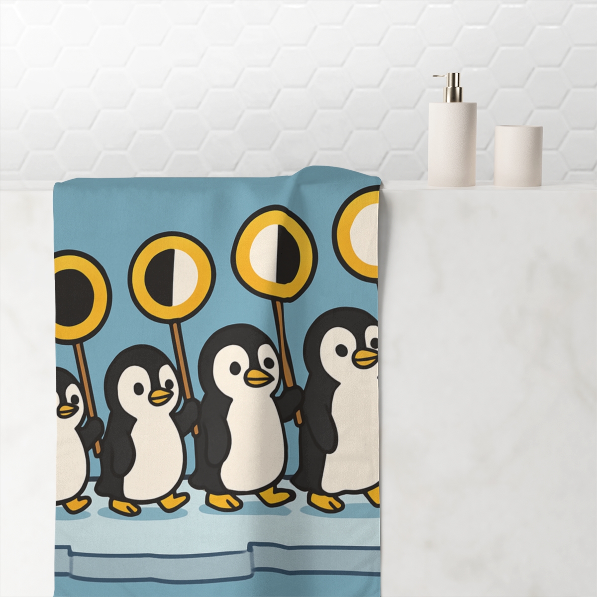 Moon Phase Penguin Parade soft cotton towels