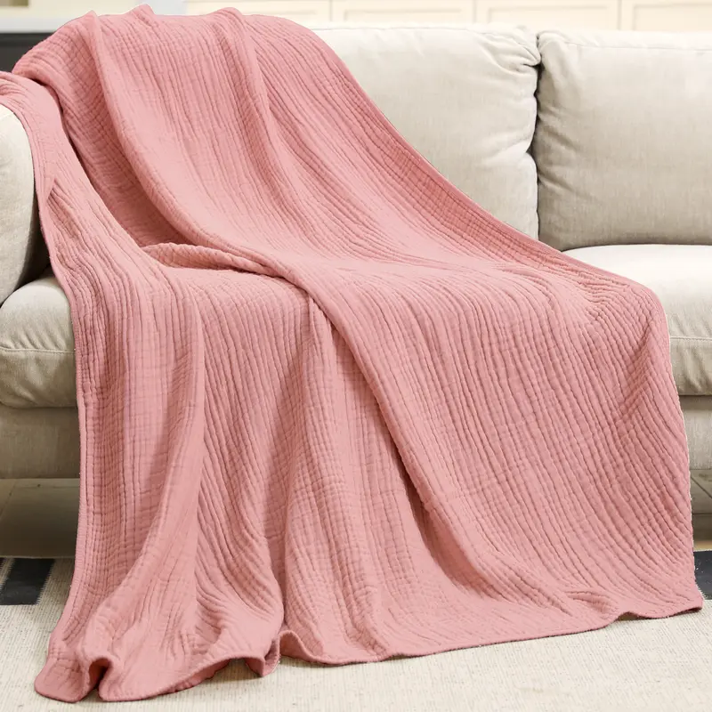 Cotton Throw Blanket Large 60" x 80" for Bed Couch 6-Layer Gauze Blanket for Adults Sofa Cozy and Breathable Apricot White