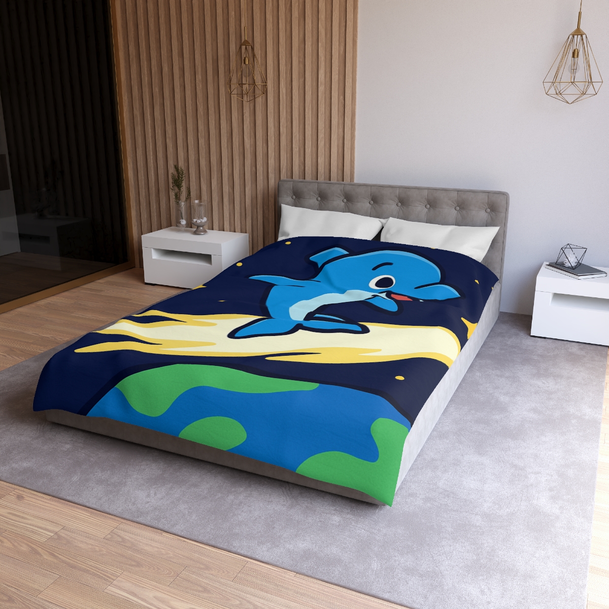 Cosmic Dolphin Comet Ride designer printed duvets