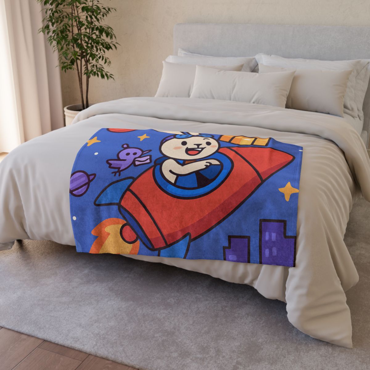 Rocket Rabbit Space Delivery personalized cozy blankets