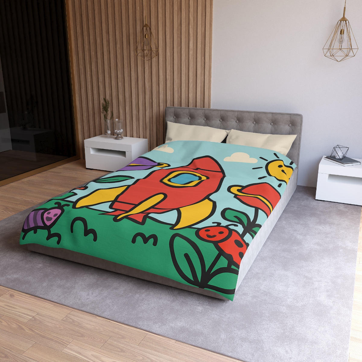 Rainbow Rocket Garden personalized bedding duvets