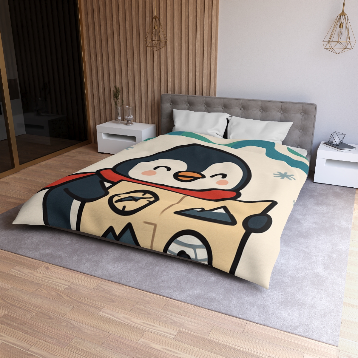 Polar Lights Penguin Map Quest designer printed duvets