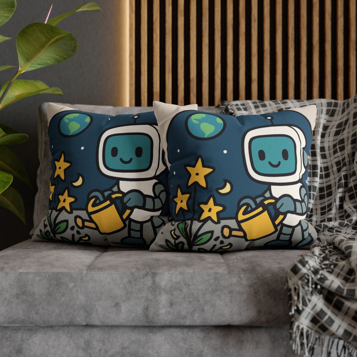 Moon Garden Robot And Space Sprouts designer print pillow cases