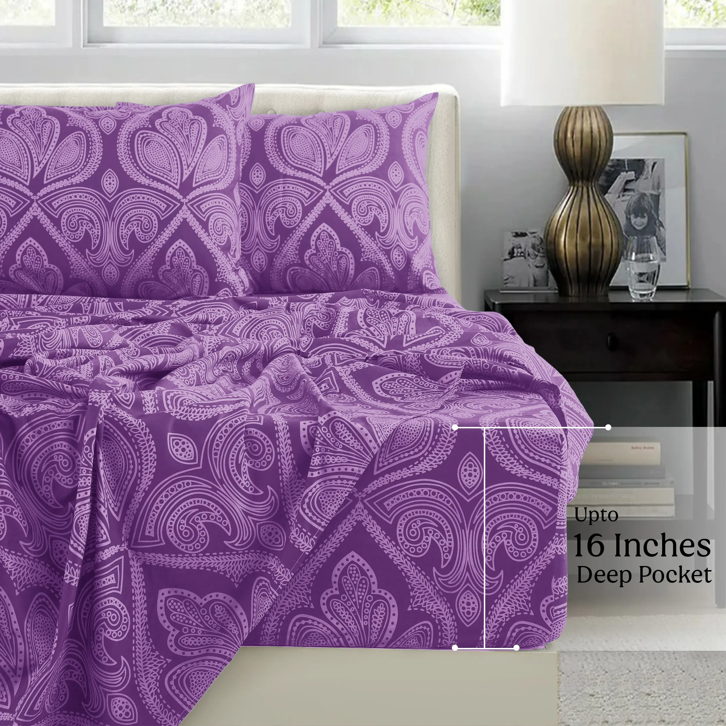 LUX DECOR 6-Pc Paisley & Solid Embroidered Bed Set- King Bed Sheet & Pillowcases - Upto 16" Deep Pocket Hotel Luxury Cozy Polyester Queen Sheets- Decorative Bedsheet Sets-Breathable Durable Sheets