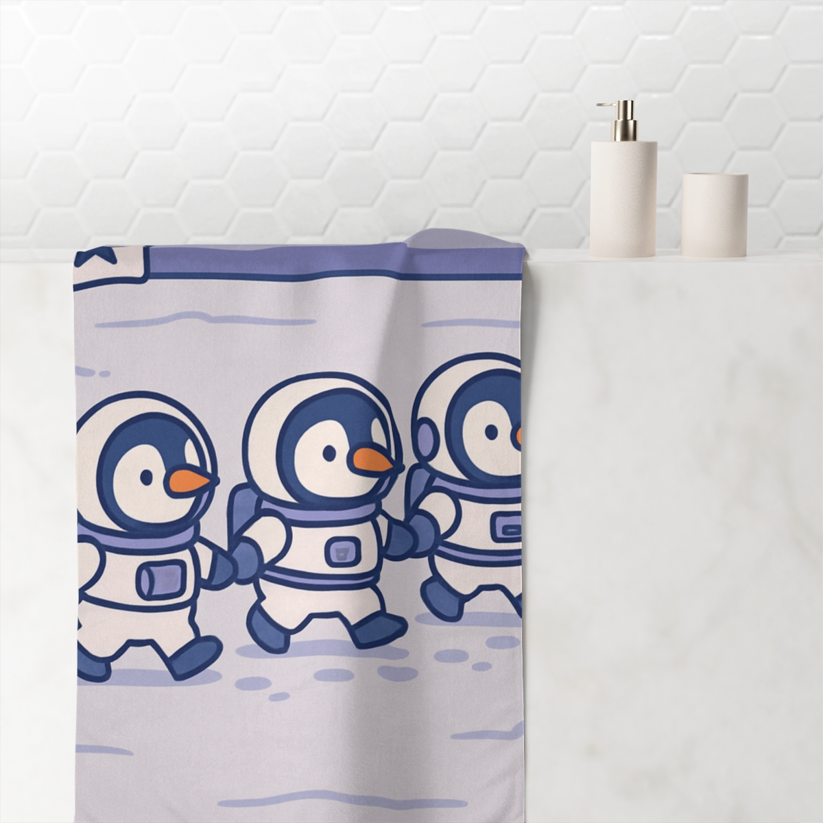Astronaut Penguin Parade designer printed towels
