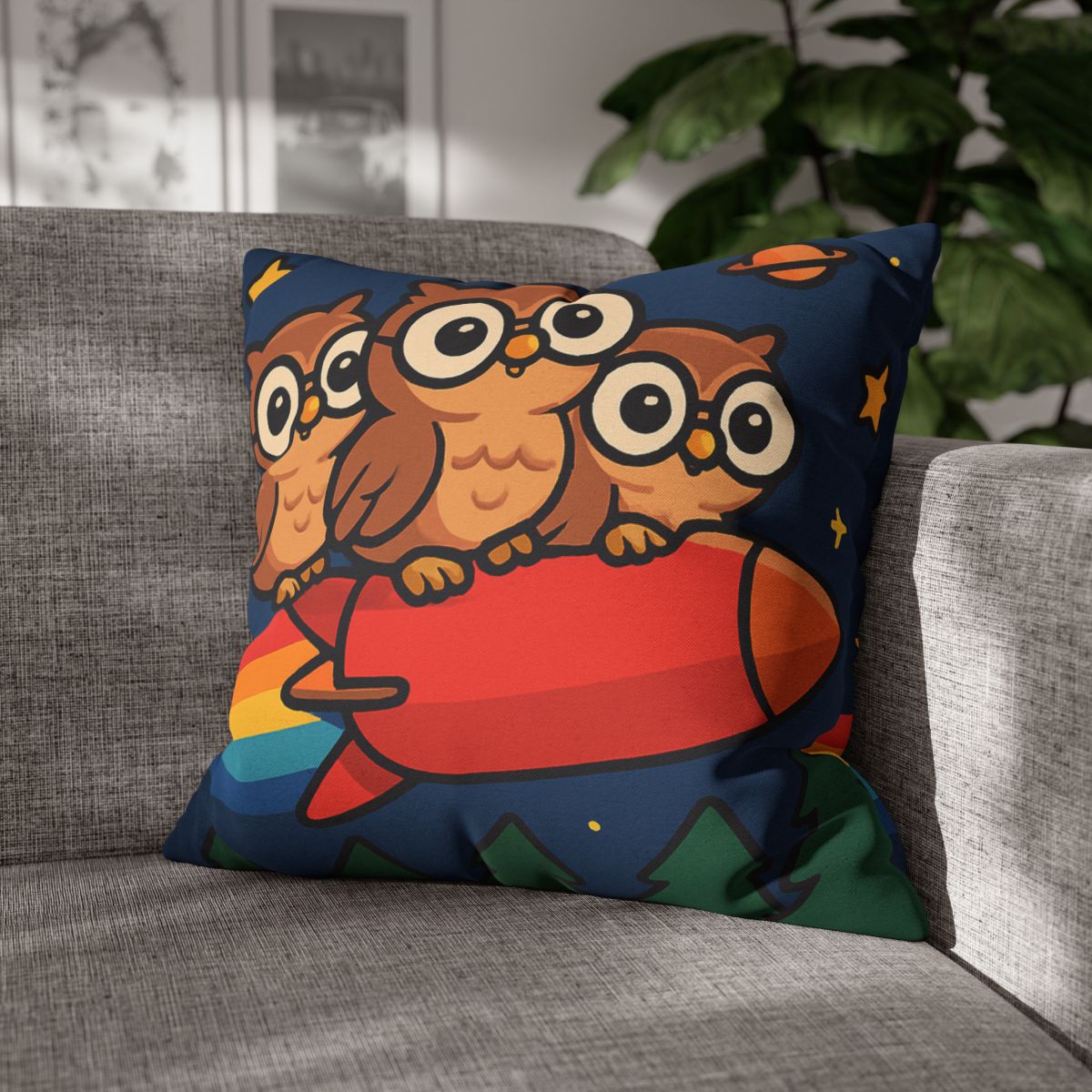 Rocket Riding Forest Owls designer print pillow cases