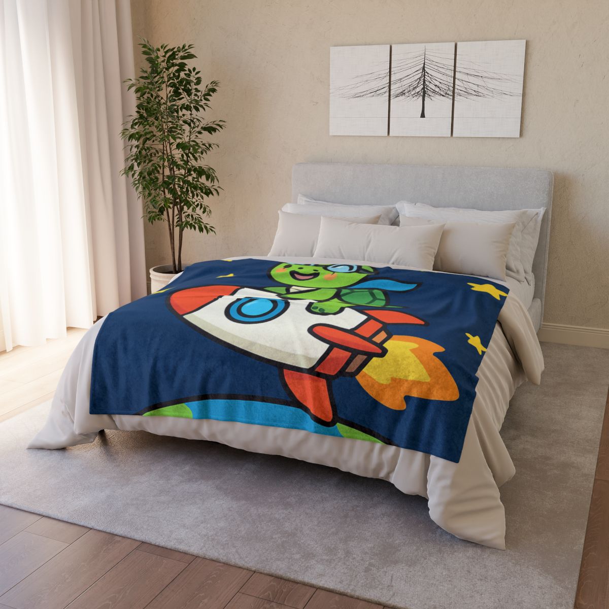Rocket Riding Turtle To The Moon designer printed blankets