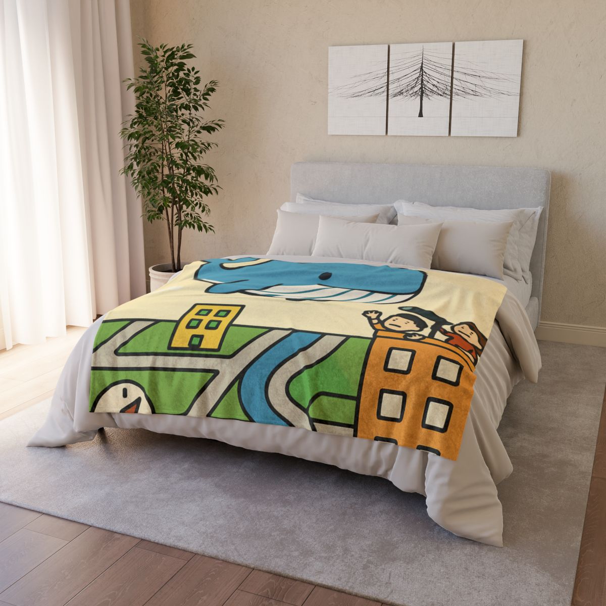 Sky Whale Over The Map City designer printed blankets