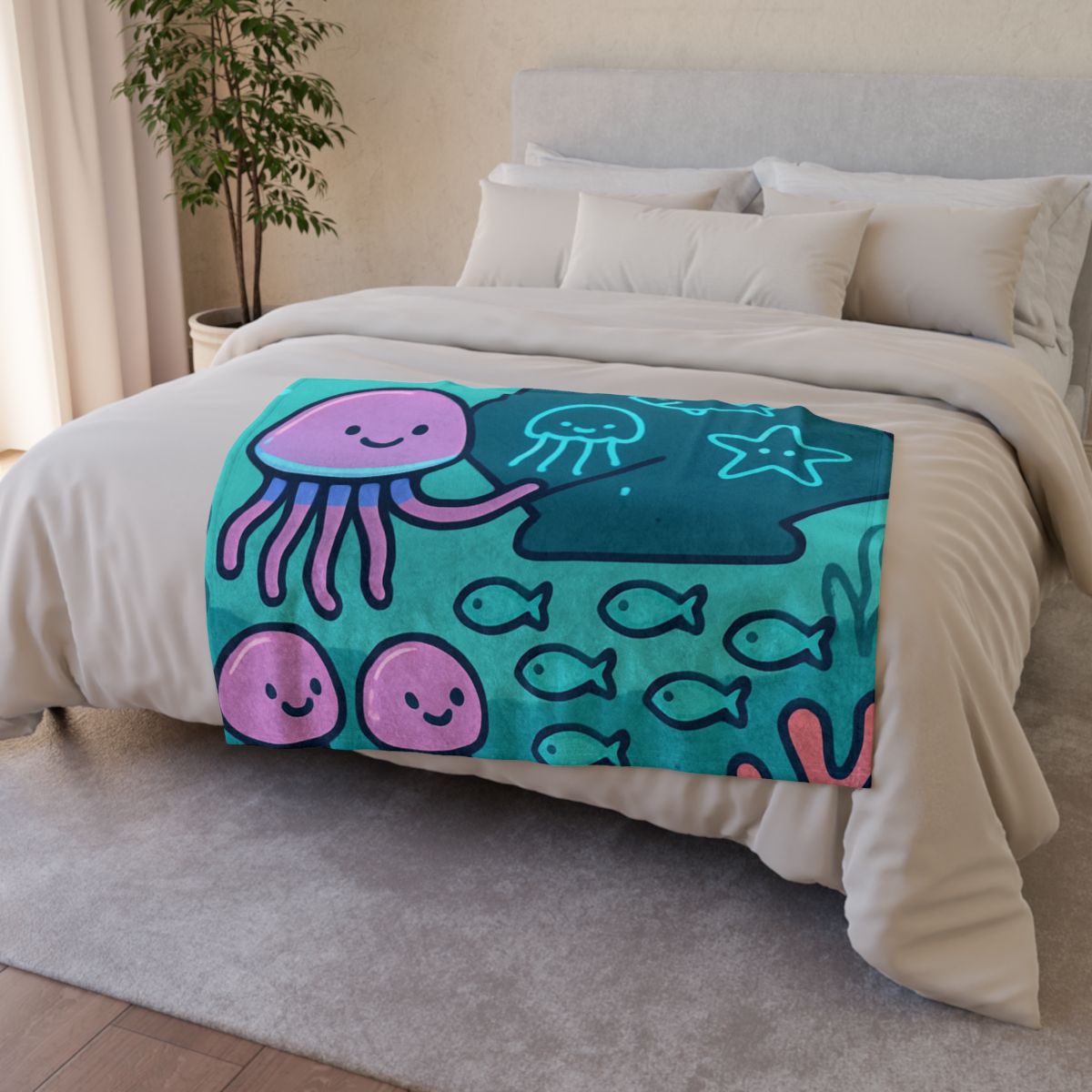 Bioluminescent Reef School With Glow Jellyfish custom blankets