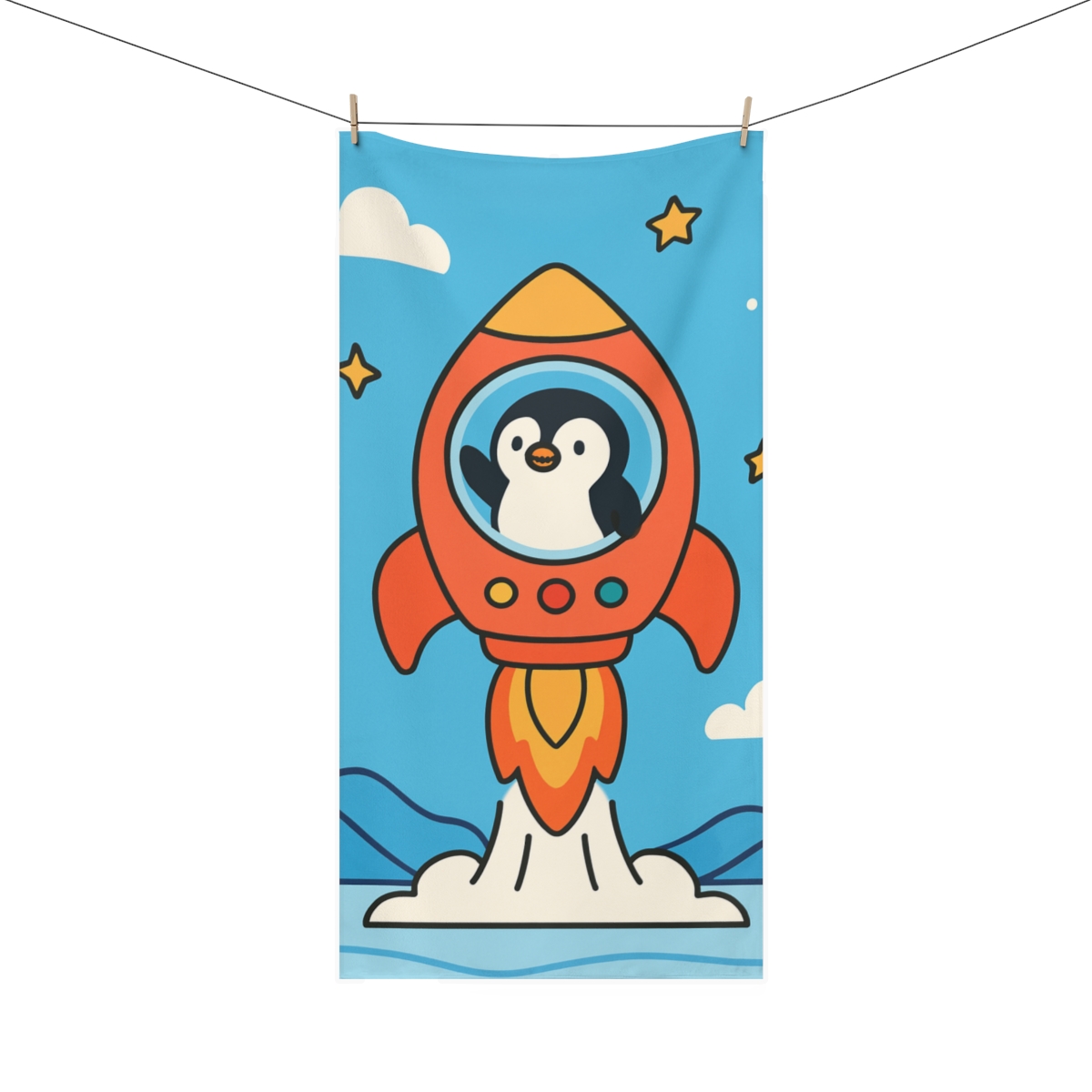 Bubble Rocket Penguin designer printed towels