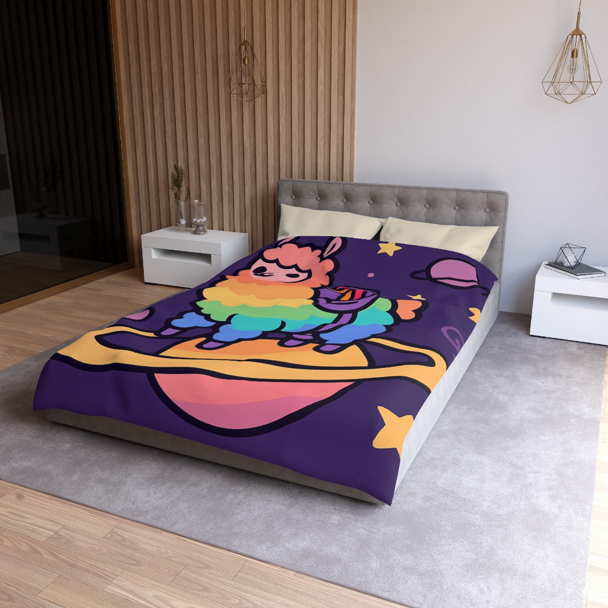Galaxy Riding Rainbow Llama personalized bedding duvets