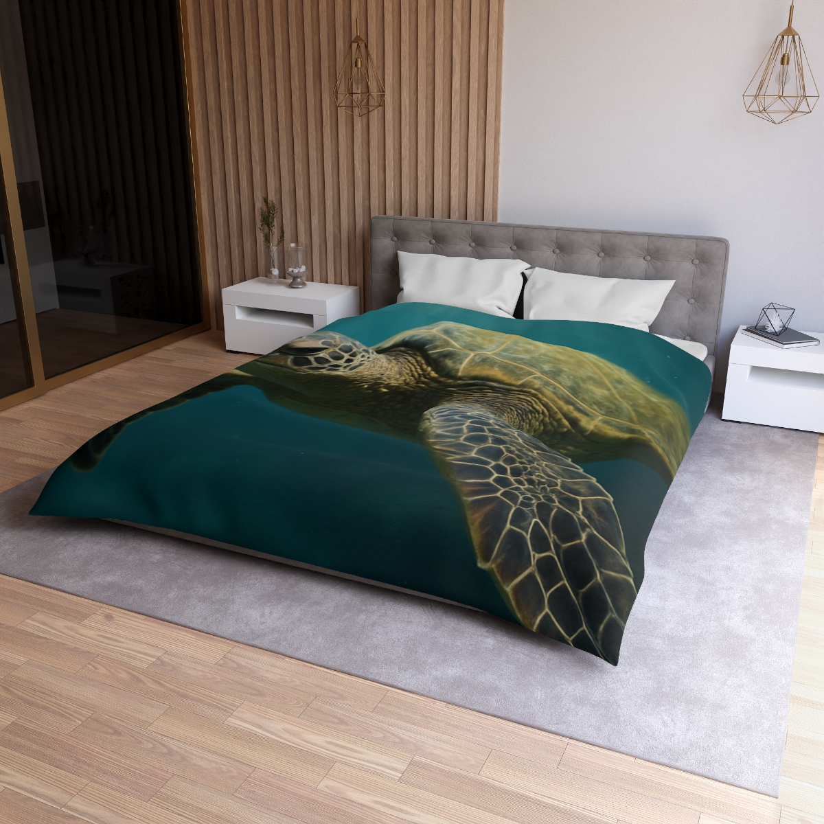 Glasswater Drift Green Sea Turtle designer printed duvets