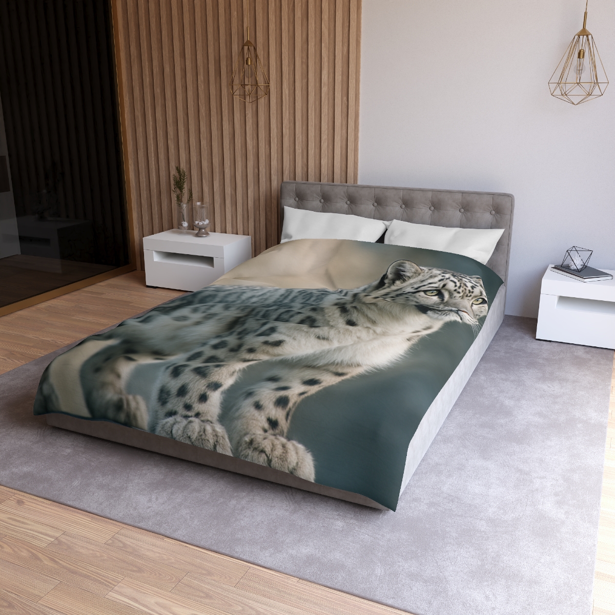 Mist Veil Snow Leopard designer printed duvets