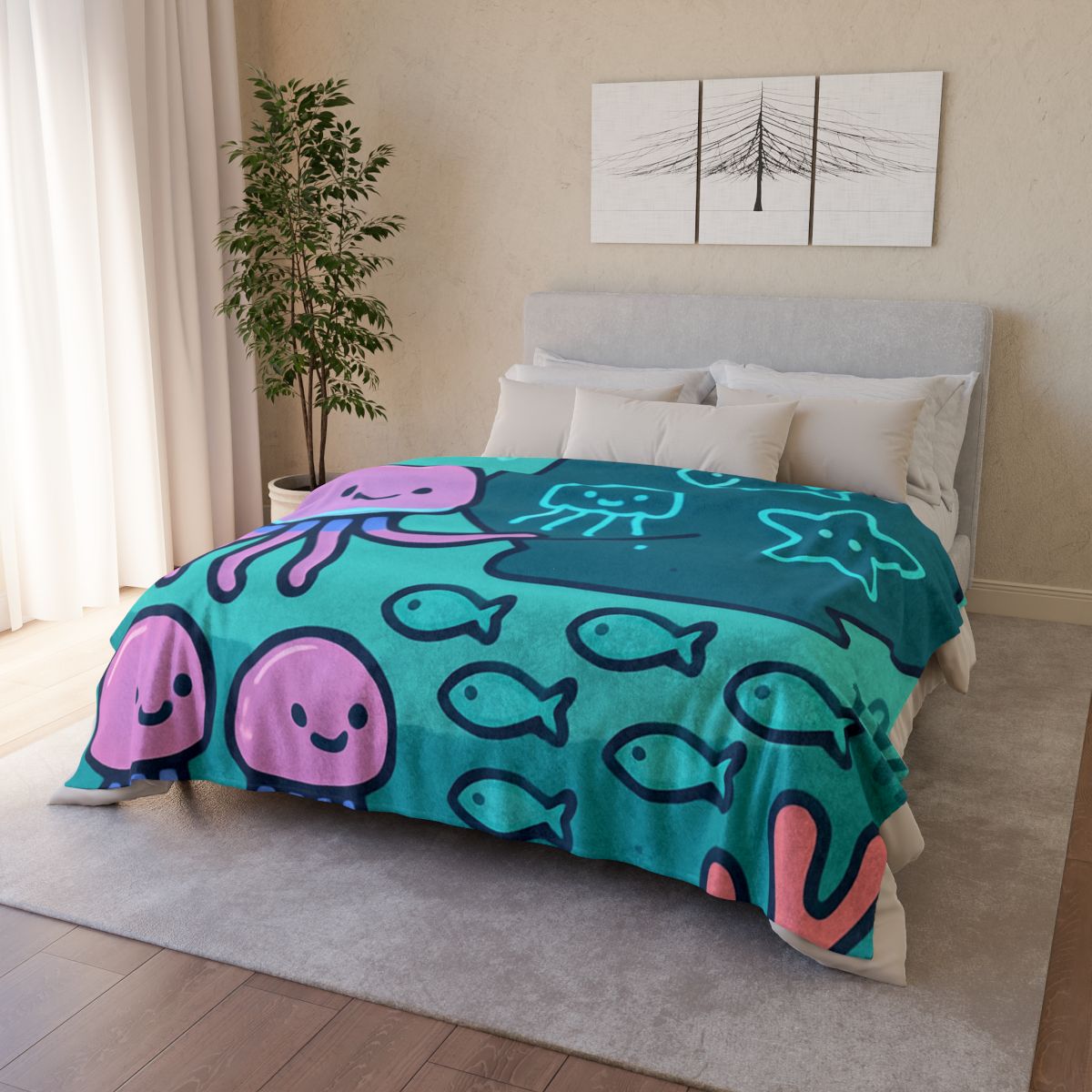 Bioluminescent Reef School With Glow Jellyfish custom blankets