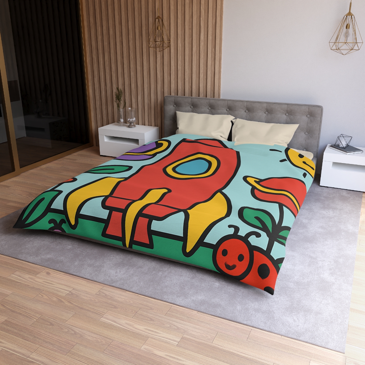 Rainbow Rocket Garden personalized bedding duvets