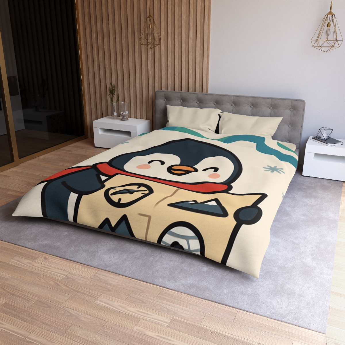 Polar Lights Penguin Map Quest designer printed duvets