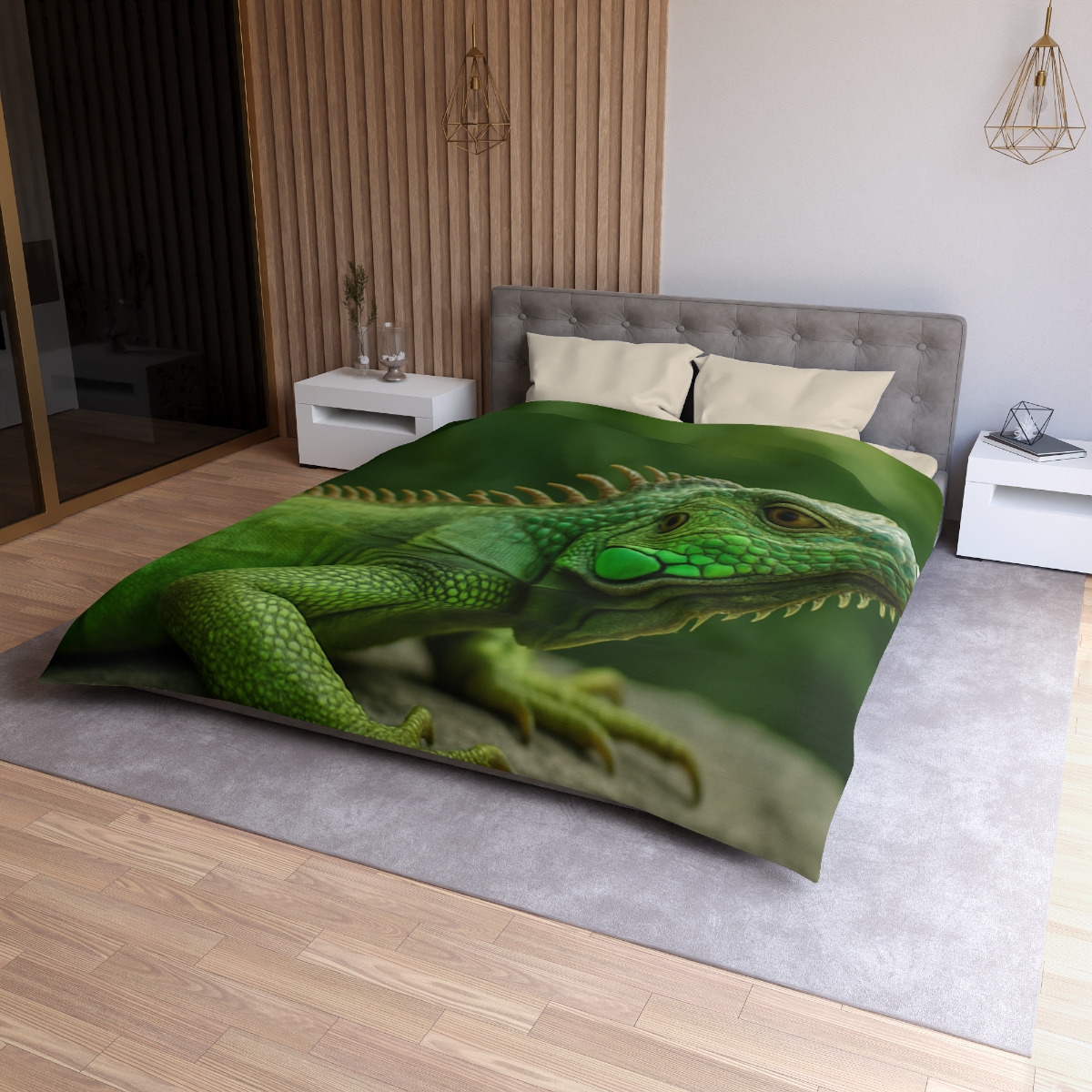 Stone Watcher Green Iguana designer printed duvets