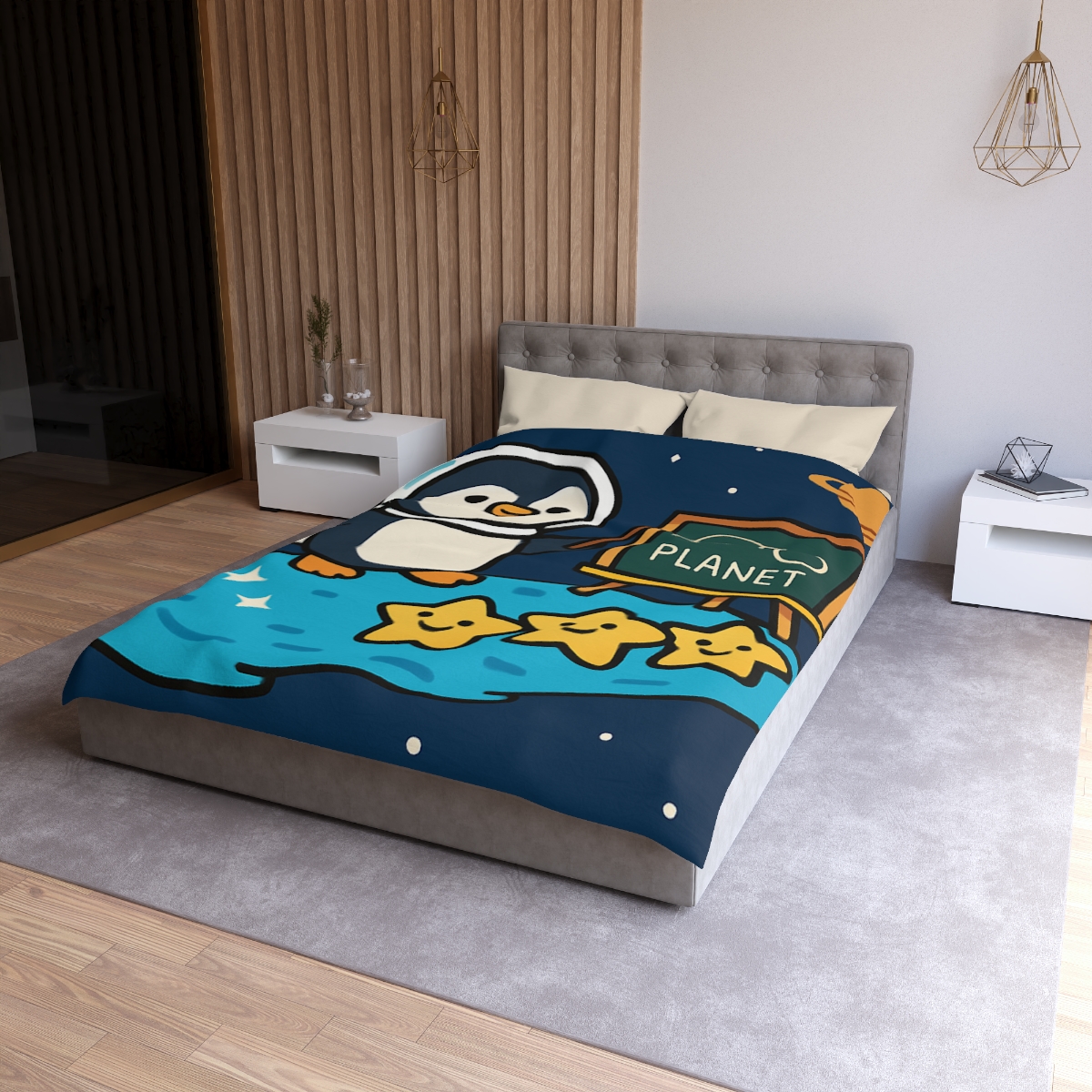 Comet Classroom With Captain Penguin designer printed duvets
