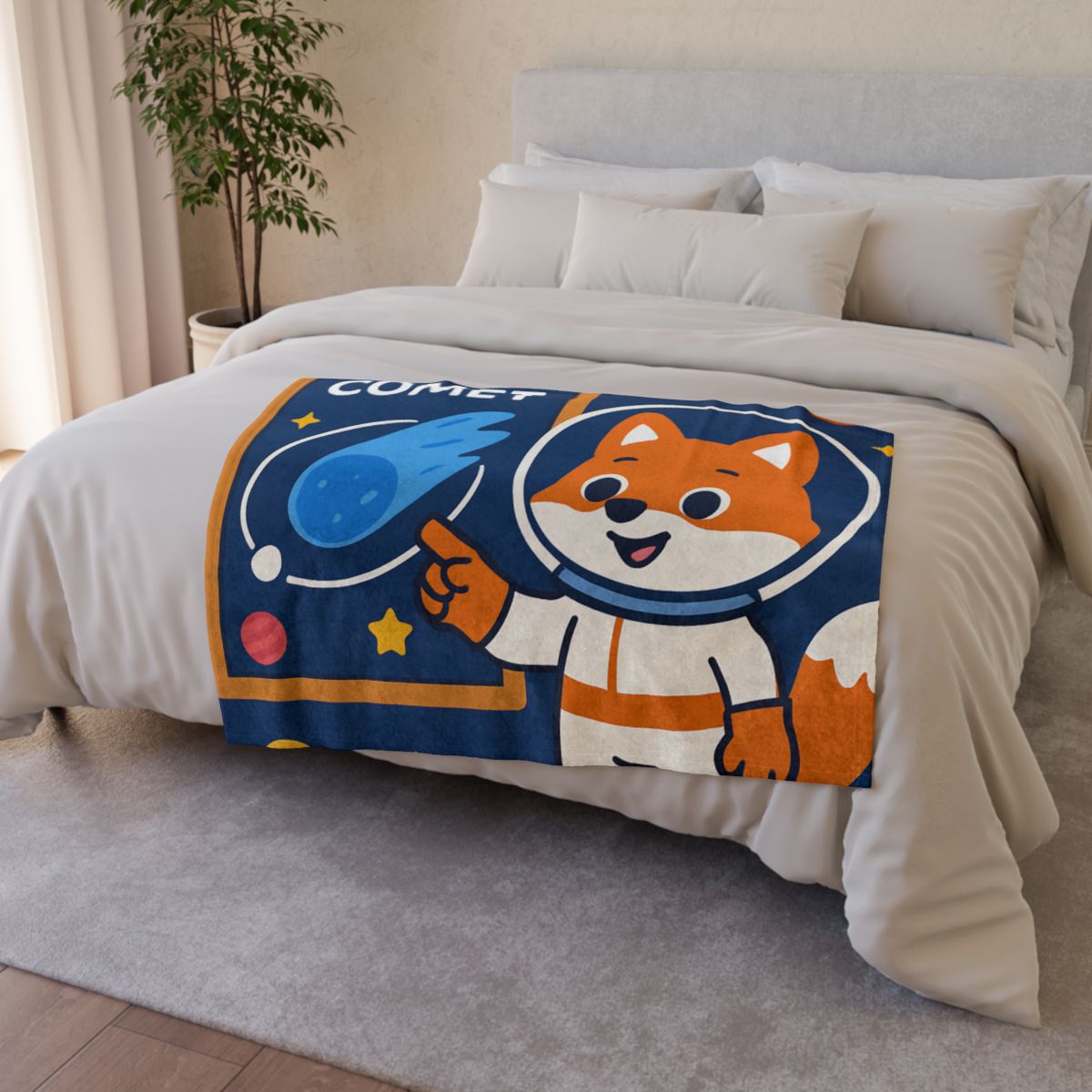 Comet Classroom With Curious Space Fox personalized cozy blankets